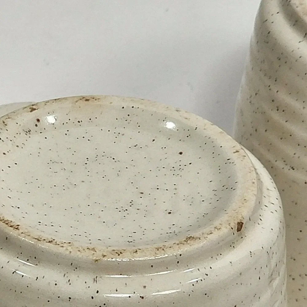 Set of 5 Vtg Speckled Stoneware Creamer, Sugar Bowl & Teacups‎ Raised Rings USA